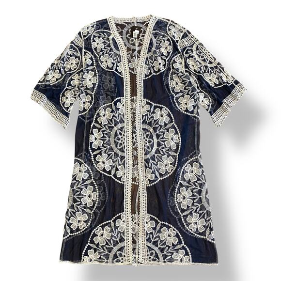 Janice‎ Apparel NWT Vintage Style Navy Blue Embroidered Lace Kimono OS Boho - Picture 1 of 10